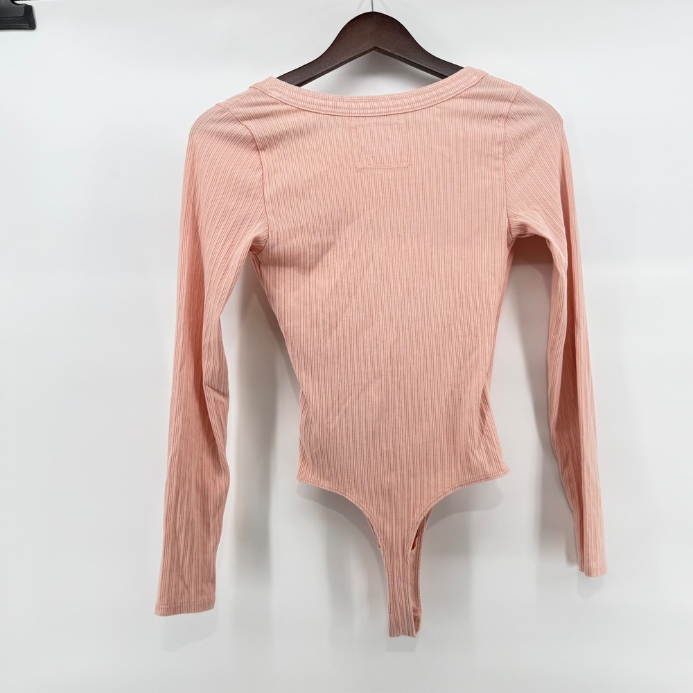 NWT Aerie Pink Long Sleeve Cross Front Ribbed Wrap Bodysuit Size Small - Picture 2 of 9